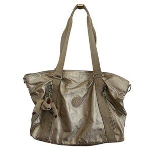 Kipling Metallic Gold Nylon Tote Bag With Zipper Closure & Monkey Keychain